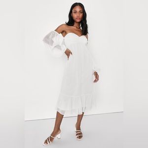Precious Feeling White Off-the-Shoulder Tie-Back Midi Dress